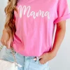 Fashion Dear-Lover mama Embroidered Graphic Crewneck Mothers Day T Shirt Sachet Pink
