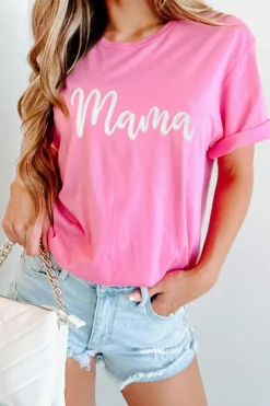 Fashion Dear-Lover mama Embroidered Graphic Crewneck Mothers Day T Shirt Sachet Pink