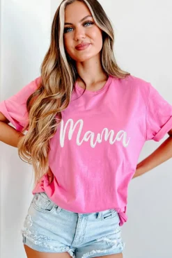 Fashion Dear-Lover mama Embroidered Graphic Crewneck Mothers Day T Shirt Sachet Pink