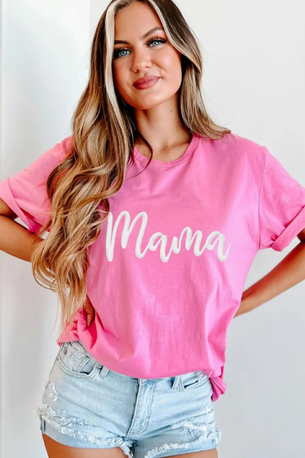 Fashion Dear-Lover mama Embroidered Graphic Crewneck Mothers Day T Shirt Sachet Pink