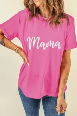 Fashion Dear-Lover mama Embroidered Graphic Crewneck Mothers Day T Shirt Sachet Pink