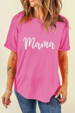Fashion Dear-Lover mama Embroidered Graphic Crewneck Mothers Day T Shirt Sachet Pink