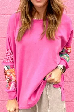 Hot Dear-Lover Mixed Print Patch Drop Shoulder Pullover Top Sachet Pink