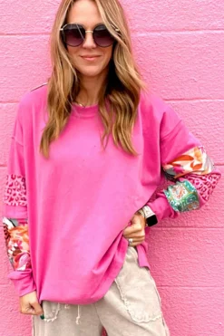 Hot Dear-Lover Mixed Print Patch Drop Shoulder Pullover Top Sachet Pink
