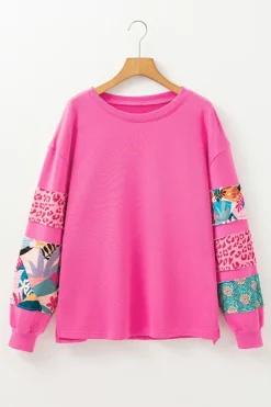 Hot Dear-Lover Mixed Print Patch Drop Shoulder Pullover Top Sachet Pink