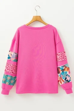 Hot Dear-Lover Mixed Print Patch Drop Shoulder Pullover Top Sachet Pink