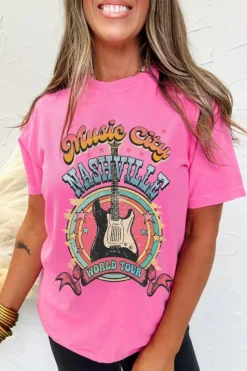 Fashion Dear-Lover Nashville WORLD TOUR Music City Guitarist Graphic Tee Sachet Pink