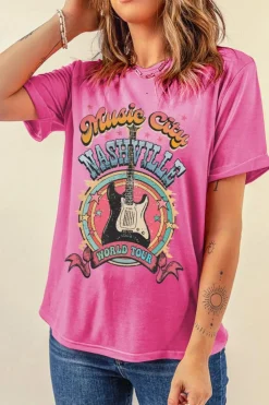 Fashion Dear-Lover Nashville WORLD TOUR Music City Guitarist Graphic Tee Sachet Pink