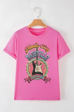 Fashion Dear-Lover Nashville WORLD TOUR Music City Guitarist Graphic Tee Sachet Pink