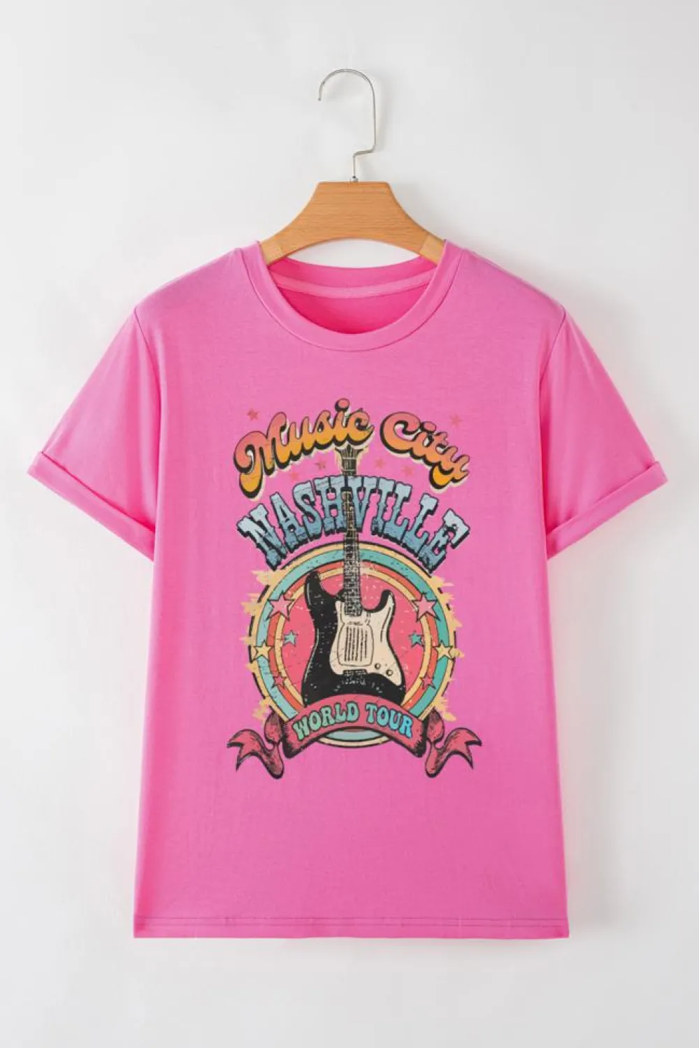 Fashion Dear-Lover Nashville WORLD TOUR Music City Guitarist Graphic Tee Sachet Pink