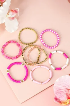 Clearance Dear-Lover 8pcs Valentine Vibe Beaded Elastic Bracelet Set Sachet Pink