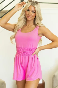 Sale Dear-Lover Plain Sleeveless Loop Drawstring Cinched Waist Romper Sachet Pink