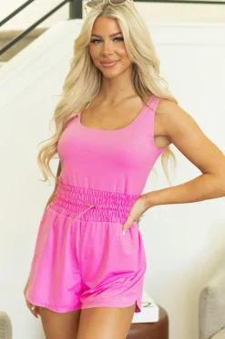 Sale Dear-Lover Plain Sleeveless Loop Drawstring Cinched Waist Romper Sachet Pink
