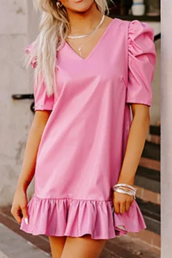New Dear-Lover Pleather Bubble Short Sleeve V Neck Ruffled Hem Mini Dress Sachet Pink