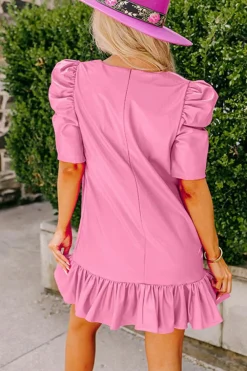 New Dear-Lover Pleather Bubble Short Sleeve V Neck Ruffled Hem Mini Dress Sachet Pink