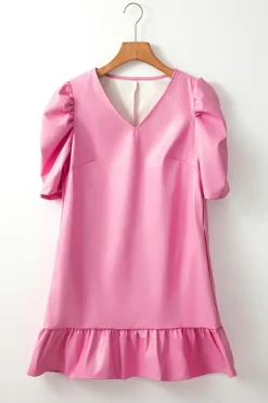 New Dear-Lover Pleather Bubble Short Sleeve V Neck Ruffled Hem Mini Dress Sachet Pink