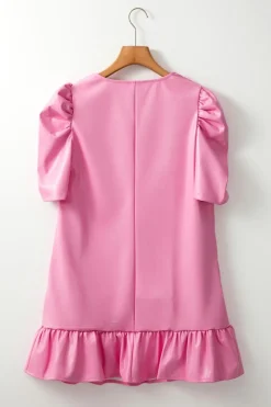 New Dear-Lover Pleather Bubble Short Sleeve V Neck Ruffled Hem Mini Dress Sachet Pink