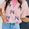 New Dear-Lover Sequined American Flag Bow Patched Striped Ruffled Sleeve Blouse Sachet Pink