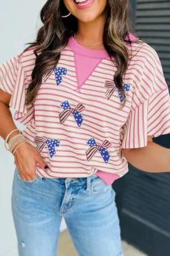 New Dear-Lover Sequined American Flag Bow Patched Striped Ruffled Sleeve Blouse Sachet Pink