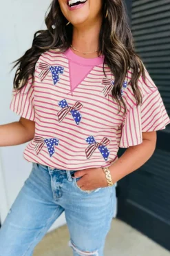 New Dear-Lover Sequined American Flag Bow Patched Striped Ruffled Sleeve Blouse Sachet Pink