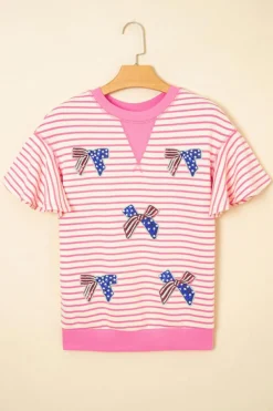 New Dear-Lover Sequined American Flag Bow Patched Striped Ruffled Sleeve Blouse Sachet Pink