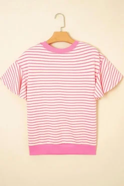 New Dear-Lover Sequined American Flag Bow Patched Striped Ruffled Sleeve Blouse Sachet Pink