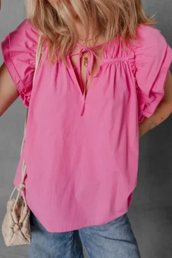 Sale Dear-Lover Shirred Yoke Lace up V Neck Ruffled Sleeve Blouse Sachet Pink