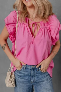 Sale Dear-Lover Shirred Yoke Lace up V Neck Ruffled Sleeve Blouse Sachet Pink