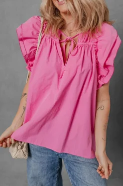 Sale Dear-Lover Shirred Yoke Lace up V Neck Ruffled Sleeve Blouse Sachet Pink
