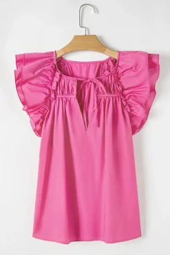 Sale Dear-Lover Shirred Yoke Lace up V Neck Ruffled Sleeve Blouse Sachet Pink