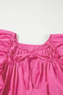 Sale Dear-Lover Shirred Yoke Lace up V Neck Ruffled Sleeve Blouse Sachet Pink