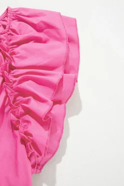 Sale Dear-Lover Shirred Yoke Lace up V Neck Ruffled Sleeve Blouse Sachet Pink