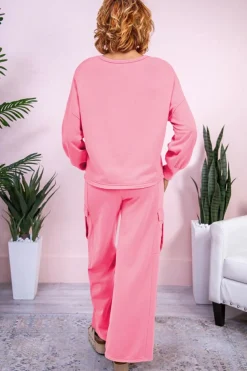 Hot Dear-Lover Solid Color Patchwork Pullover Top and Cargo Pants Set Sachet Pink