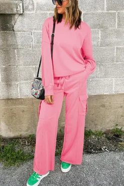 Hot Dear-Lover Solid Color Patchwork Pullover Top and Cargo Pants Set Sachet Pink