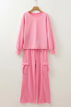 Hot Dear-Lover Solid Color Patchwork Pullover Top and Cargo Pants Set Sachet Pink