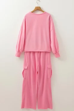 Hot Dear-Lover Solid Color Patchwork Pullover Top and Cargo Pants Set Sachet Pink