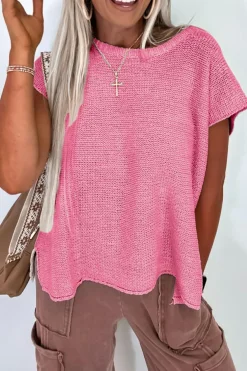 Hot Dear-Lover Solid Color Sweater Tee with Side Slits Sachet Pink