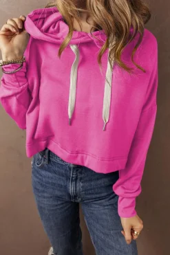 Outlet Dear-Lover Solid Drop Shoulder Drawstring Cropped Hoodie Sachet Pink