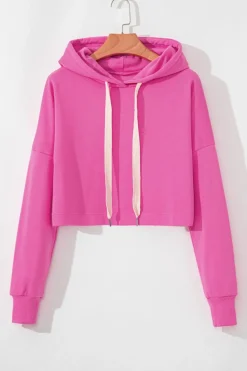 Outlet Dear-Lover Solid Drop Shoulder Drawstring Cropped Hoodie Sachet Pink