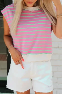 Online Dear-Lover Striped Crew Neck Cap Sleeve T Shirt Sachet Pink