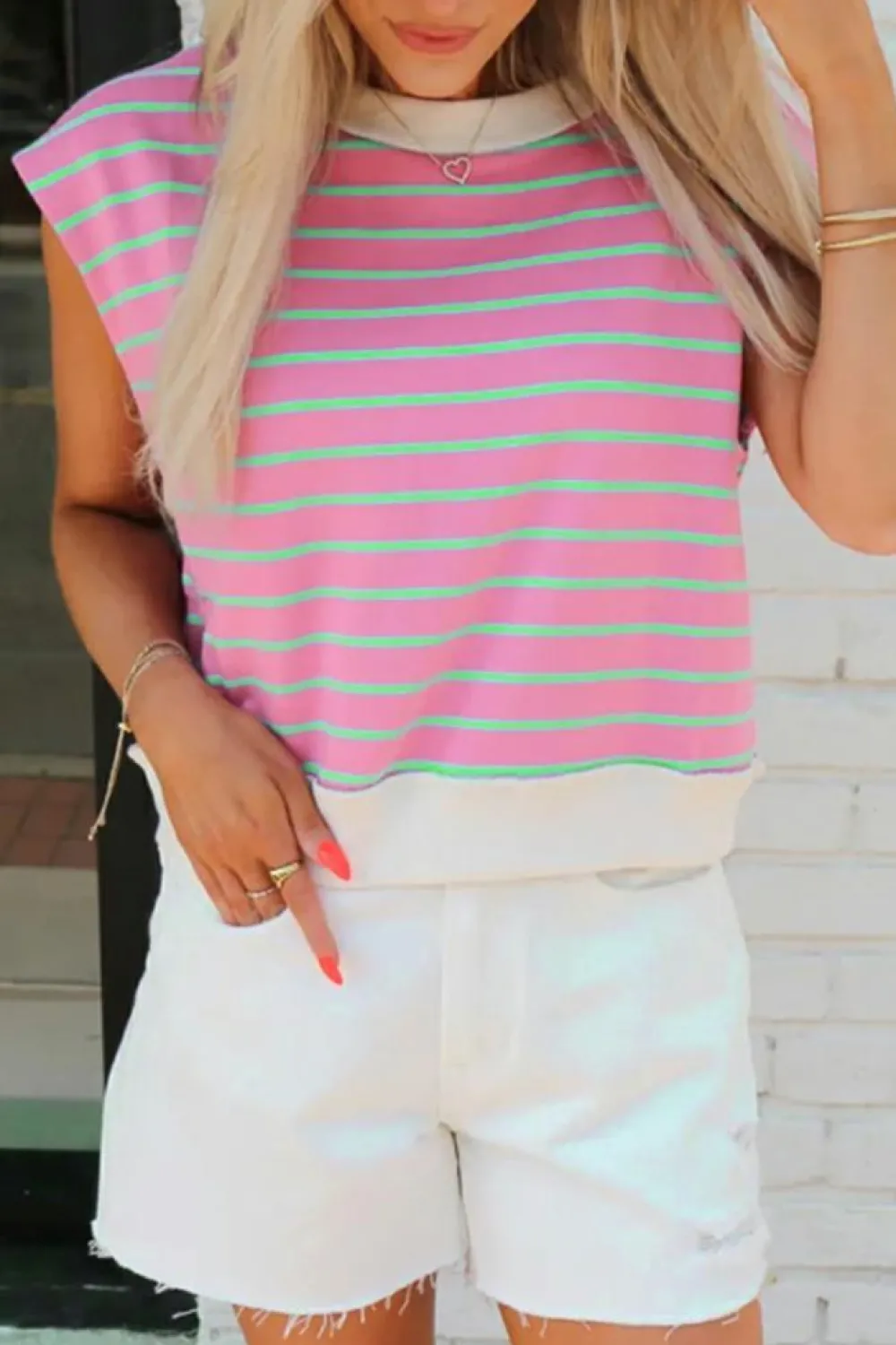 Online Dear-Lover Striped Crew Neck Cap Sleeve T Shirt Sachet Pink