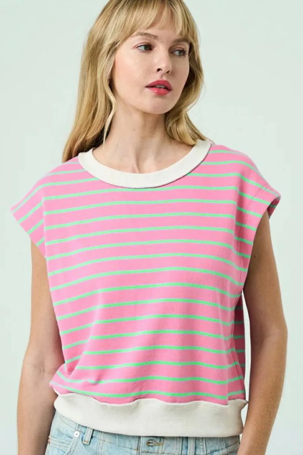 Online Dear-Lover Striped Crew Neck Cap Sleeve T Shirt Sachet Pink