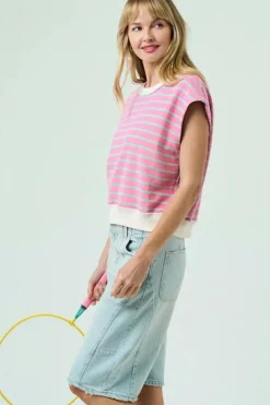 Online Dear-Lover Striped Crew Neck Cap Sleeve T Shirt Sachet Pink