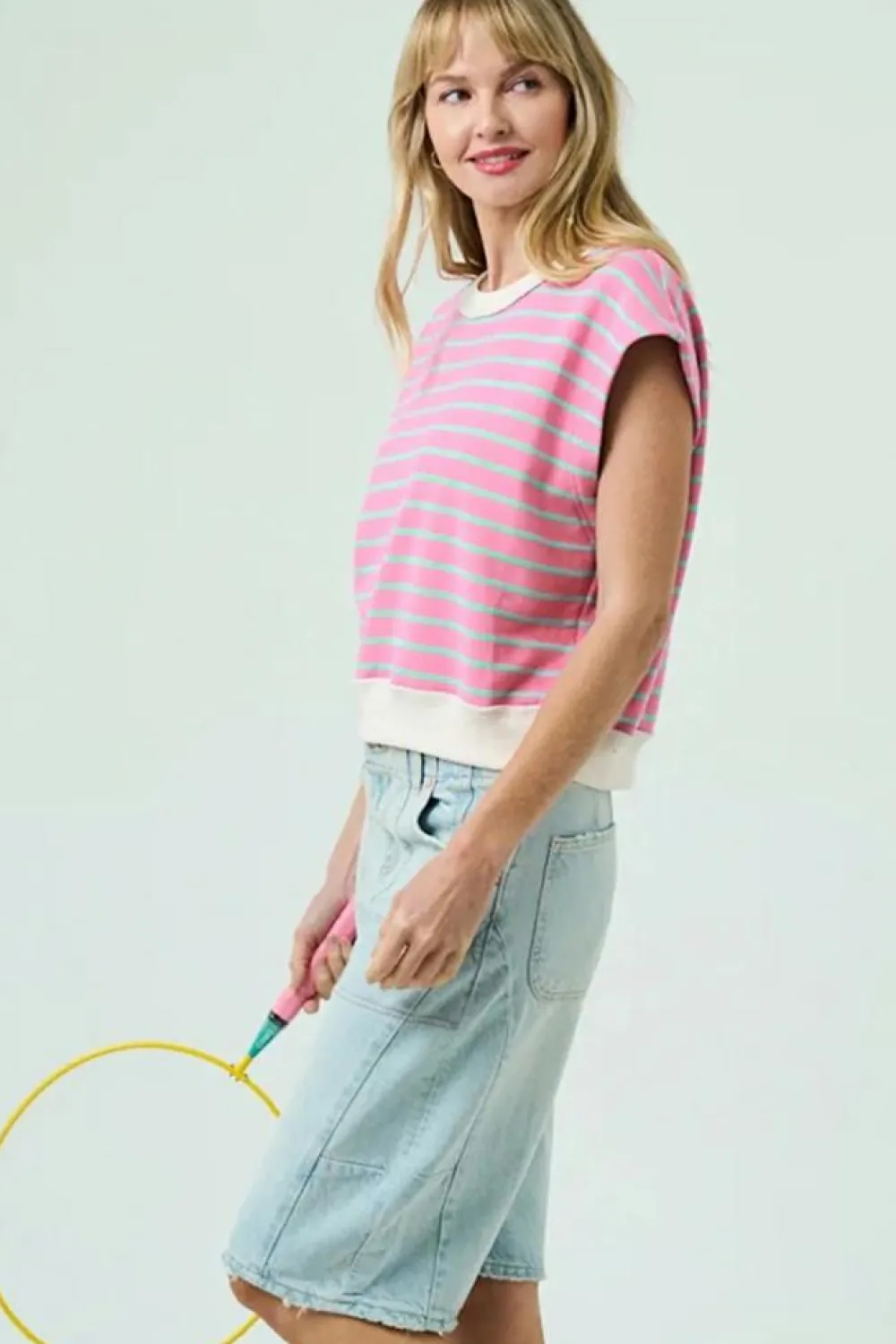 Online Dear-Lover Striped Crew Neck Cap Sleeve T Shirt Sachet Pink