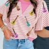 New Dear-Lover Striped Guitar Patched Ruffle Short Sleeve Crossed Seam Blouse Sachet Pink