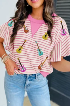 New Dear-Lover Striped Guitar Patched Ruffle Short Sleeve Crossed Seam Blouse Sachet Pink