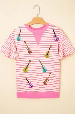 New Dear-Lover Striped Guitar Patched Ruffle Short Sleeve Crossed Seam Blouse Sachet Pink