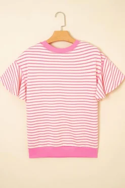 New Dear-Lover Striped Guitar Patched Ruffle Short Sleeve Crossed Seam Blouse Sachet Pink