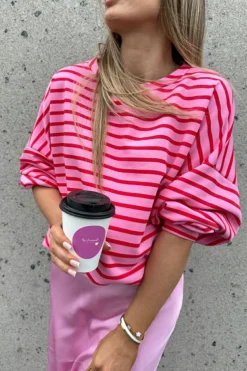 Hot Dear-Lover Striped Print Crew Neck Drop Shoulder Sweatshirt Sachet Pink