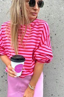Hot Dear-Lover Striped Print Crew Neck Drop Shoulder Sweatshirt Sachet Pink